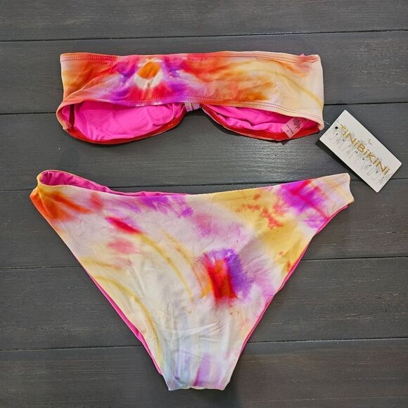 Tinibikini Large Tie Dye 2 Pc bandeau Front tie bow bikini top & bottom set - Picture 2 of 7